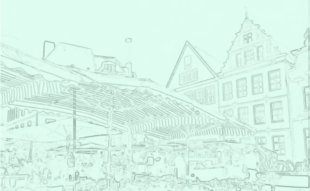 Die Zeichnung zeigt den Marktplatz, auf dem der Wochenmarkt Bielefeld stattfindet.